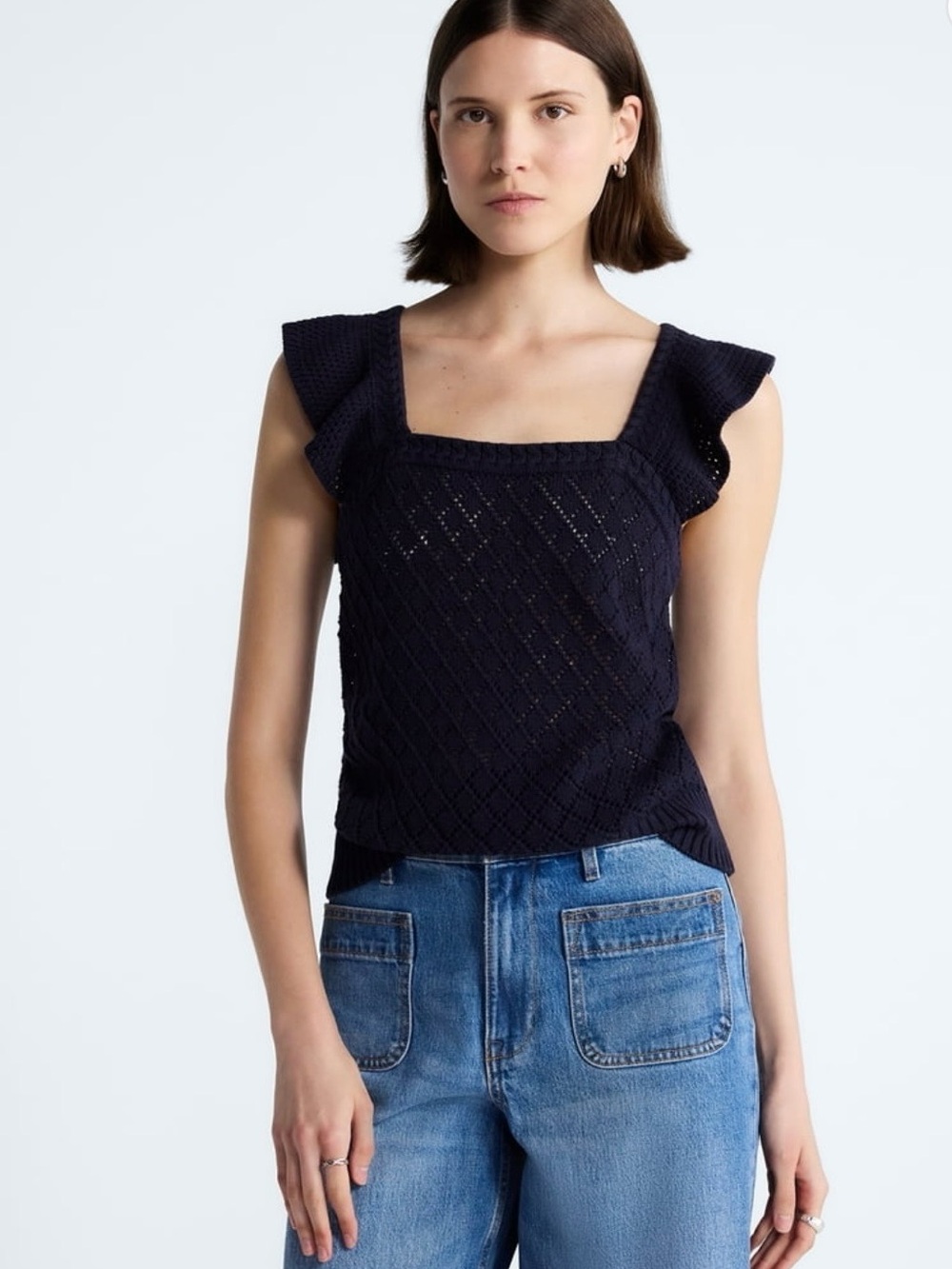 NWT Free Assembly Square Neck Knit Tank Top with Flutter Shoulders - Navy